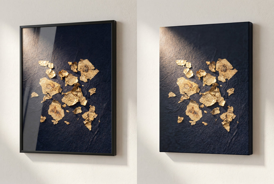 The same artwork shown as a framed glazed print beside a gallery-wrap canvas