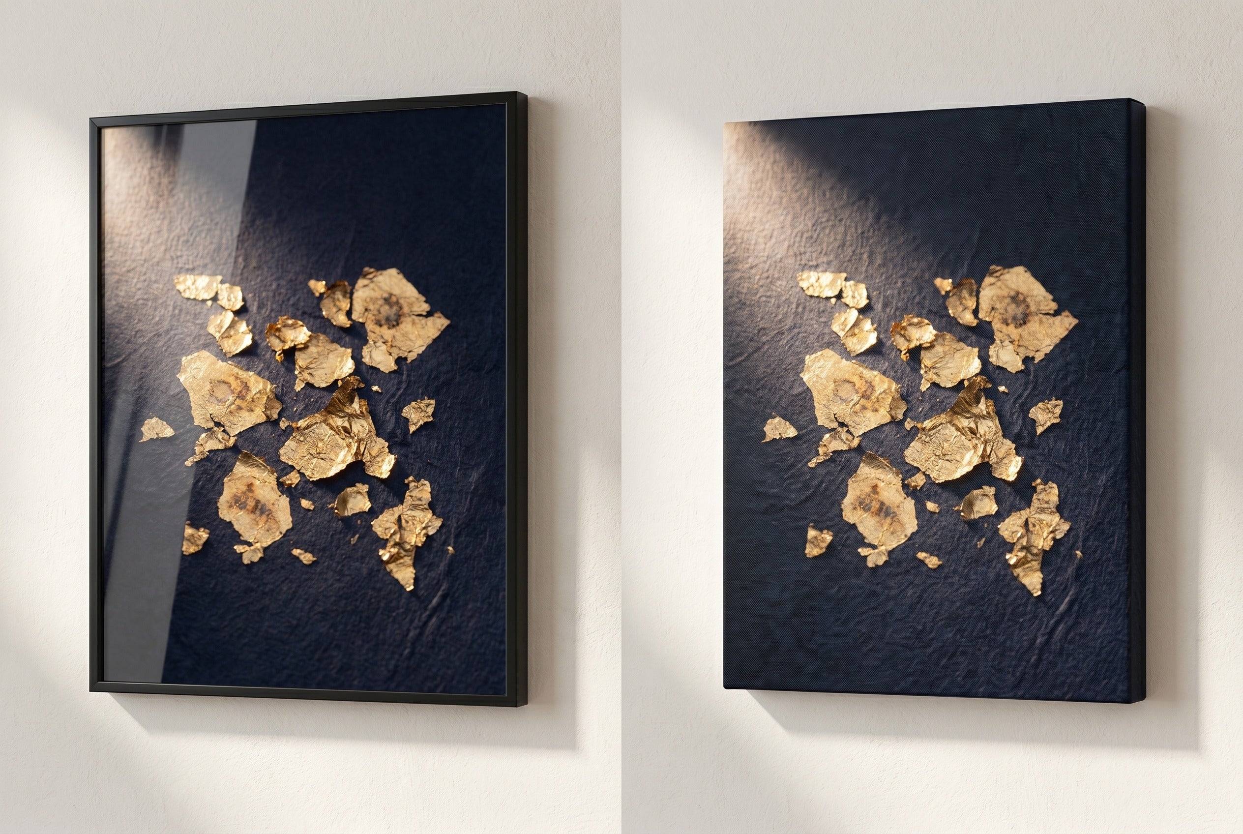 The same artwork shown as a framed glazed print beside a gallery-wrap canvas