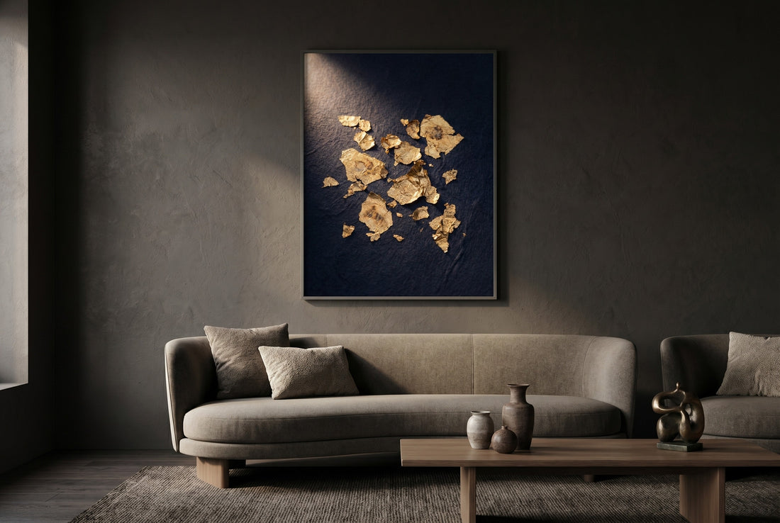 A large gold-leaf statement art piece commanding a refined luxury living room