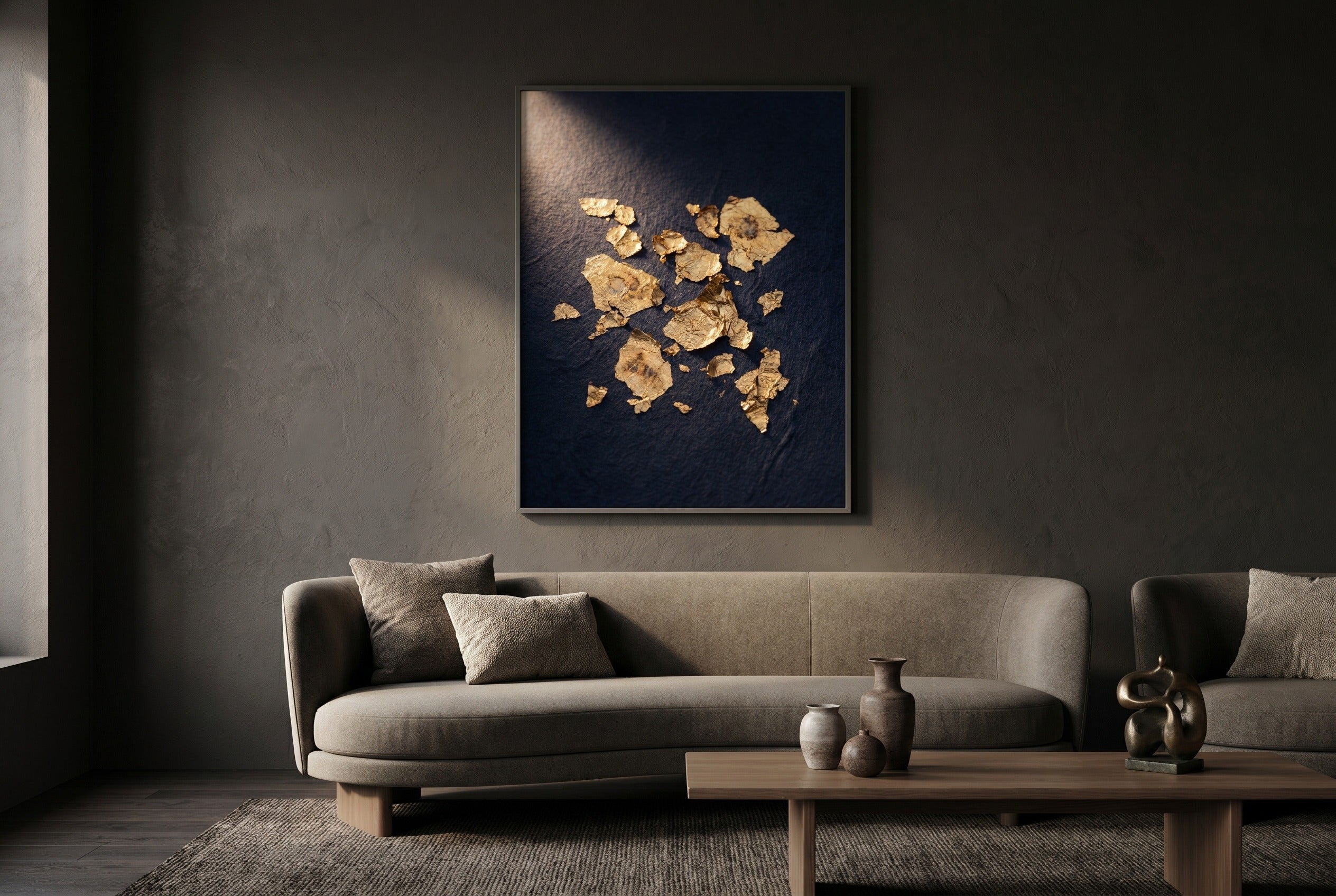 A large gold-leaf statement art piece commanding a refined luxury living room