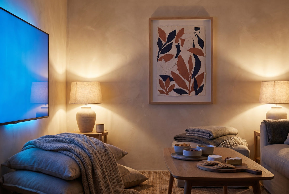 A cosy evening living room set for match night with a bold print and warm lamps