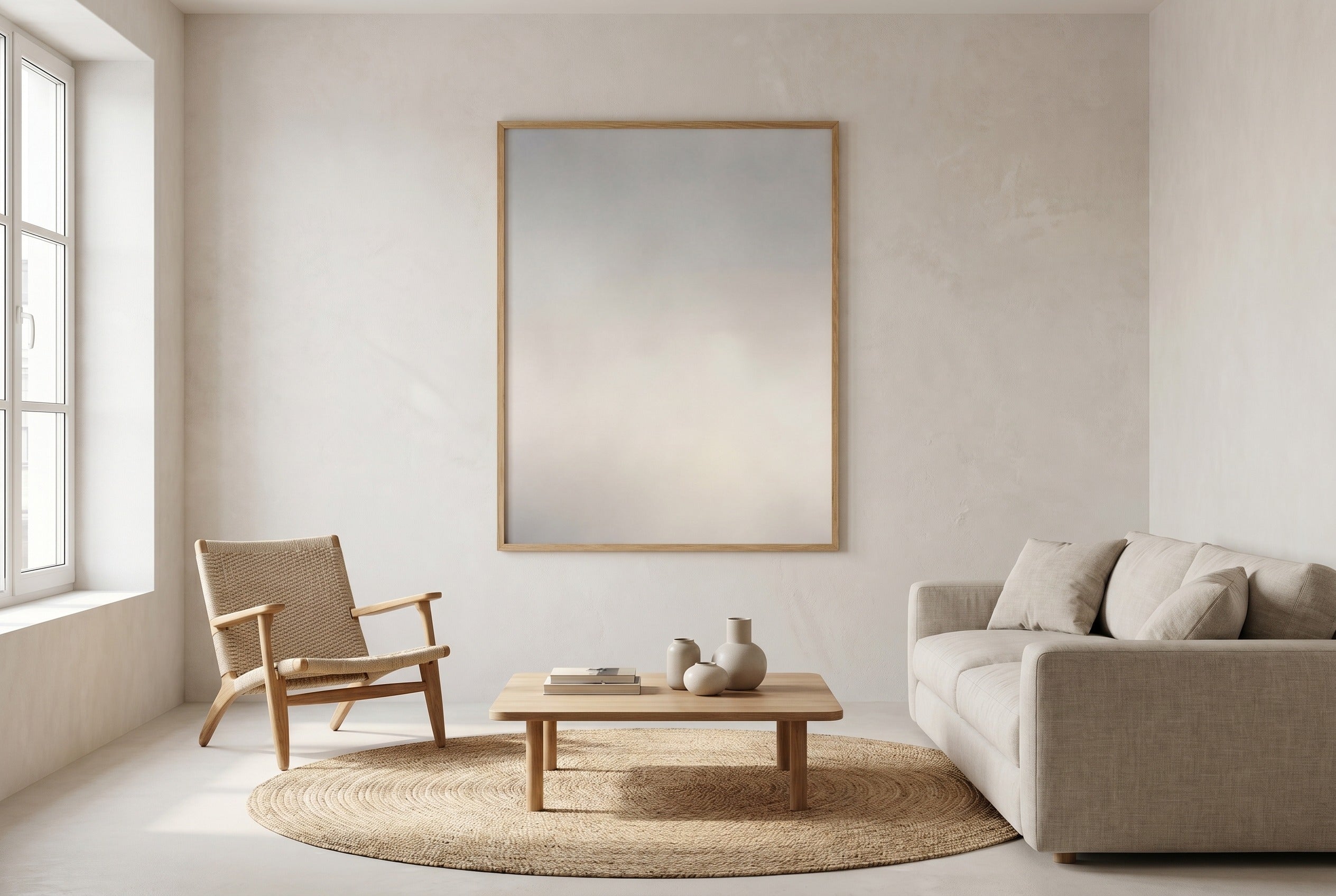 One large light-toned art piece as a focal point in a small bright apartment