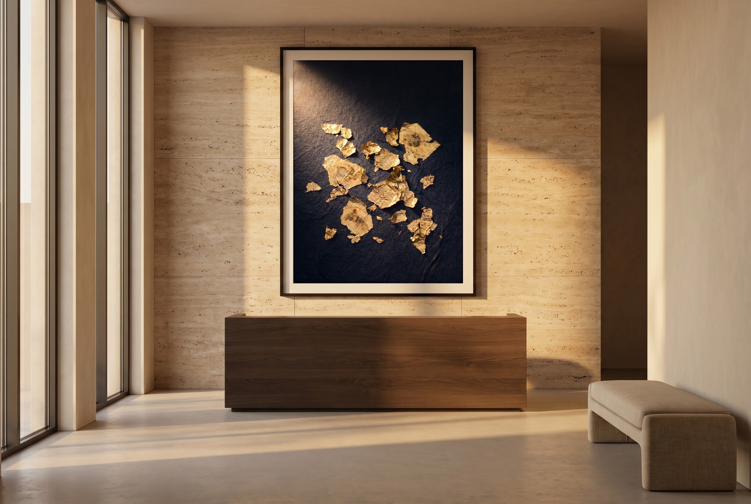 A large statement art print on the feature wall of a calm, design-led hotel lobby