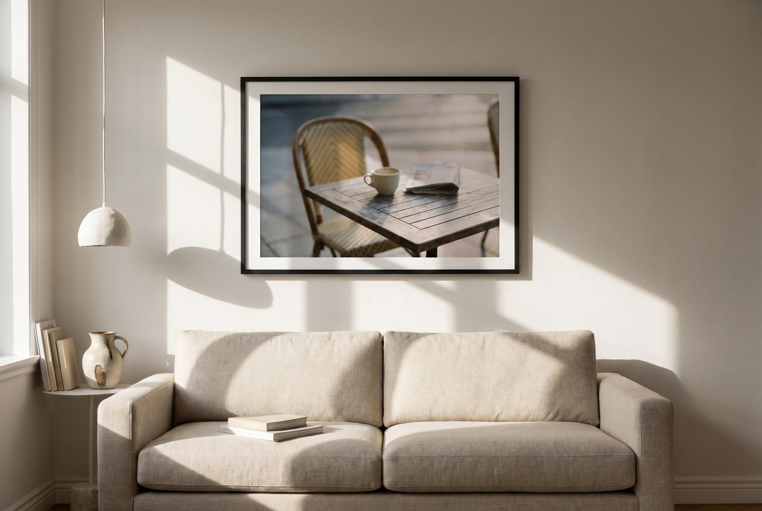 Cafe fine-art print styled in a room